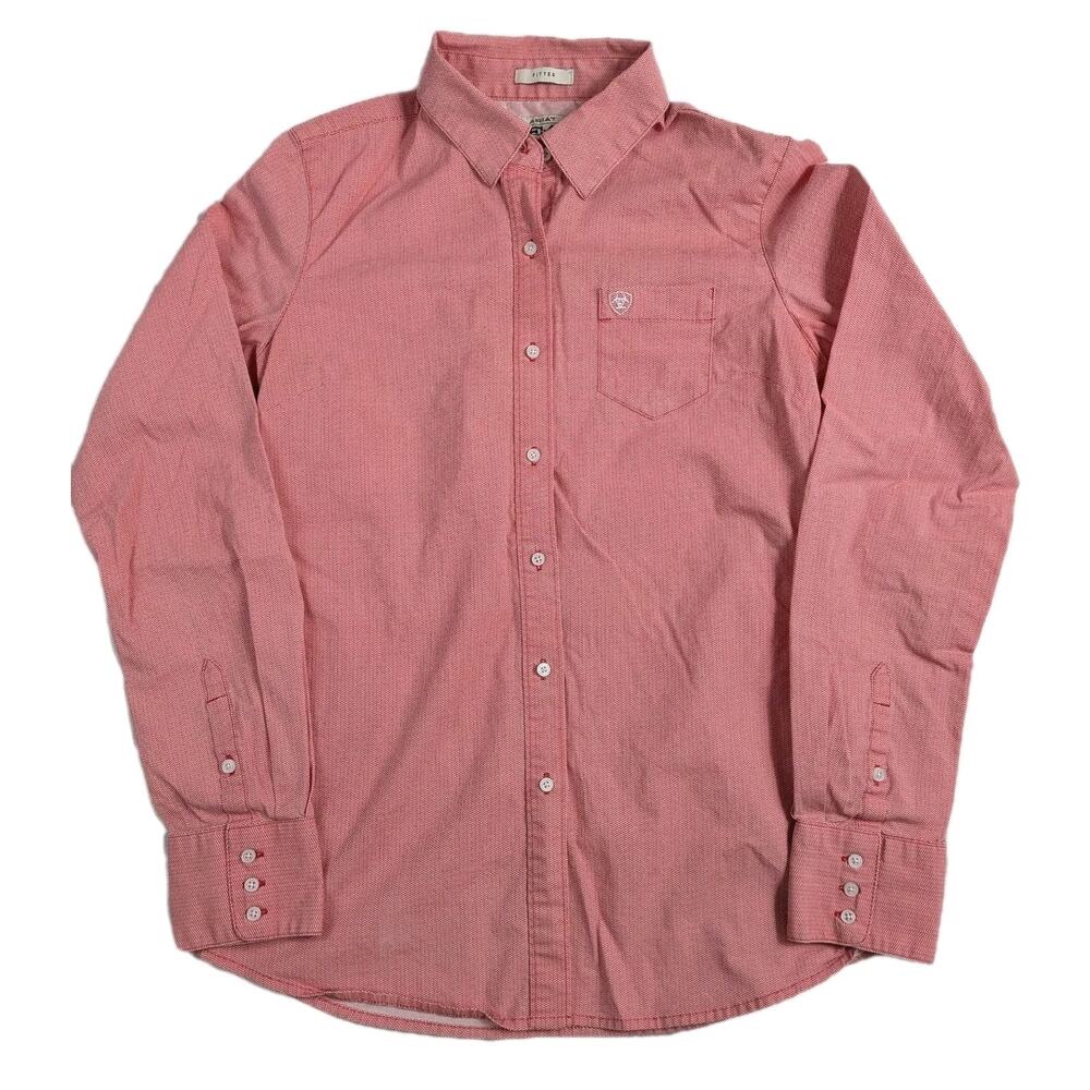 Ariat Button Down Shirt Womens Real Fitted Size Small Herringbone Pink White